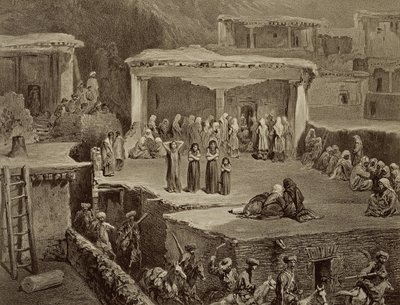 Ceremonia funeraria en las ruinas de Akhaltchi, Daguestán, lámina 70 de un libro sobre el Cáucaso, grabado por Eugene Le Roux (1807-63) publicado por Alfred Leon Lemercier, París, 1847 de Grigori Grigorevich Gagarin